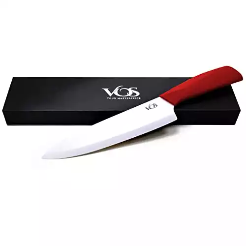 Vos Ceramic Chef Knife 8 Inch with Cover and a Gift Box - Advanced Kitchen Tool for Chefs - Sharp Plain Blade Edge for Cutting, Paring, Slicing, Dicing, Chopping (Red)