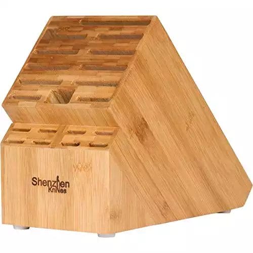 20 Slot Universal Knife Block: Shenzhen Knives Large Bamboo Wood Knife Block without Knives - Countertop Butcher Block Knife Holder and Organizer with Wide Slots for Easy Kitchen Knife Storage