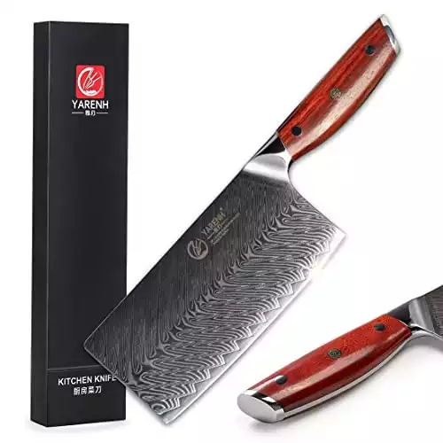 YARENH Chinese Cleaver Knife, 7 inch Professional Kitchen Knife, Damascus Steel Blade, 67 Layers, African Sandalwood Handle, Suitable for Cutting Vegetables and Meat, Gift Box Packaging, KTF Series