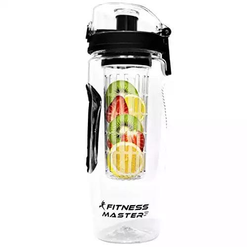 Fitness Master Fruit Infuser Water Bottle (32 Ounce) - BPA Free Plastic, Leak Proof, Lockable Lid and Rubber Grips on Infusion Bottles