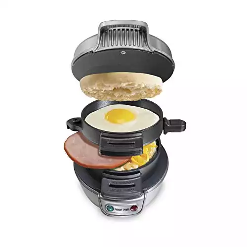 Hamilton Beach Breakfast Sandwich Maker with Egg Cooker Ring, Customize Ingredients, Perfect for English Muffins, Croissants, Mini Waffles, Single, Silver (25475A) Discontinued