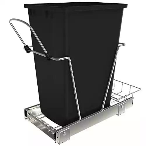 Rev-A-Shelf RV-12KD-18C S 35-Quart Chrome Wire Bottom Mount Pullout Kitchen Waste Trash Can Container Bin with Rear Basket Storage, Black