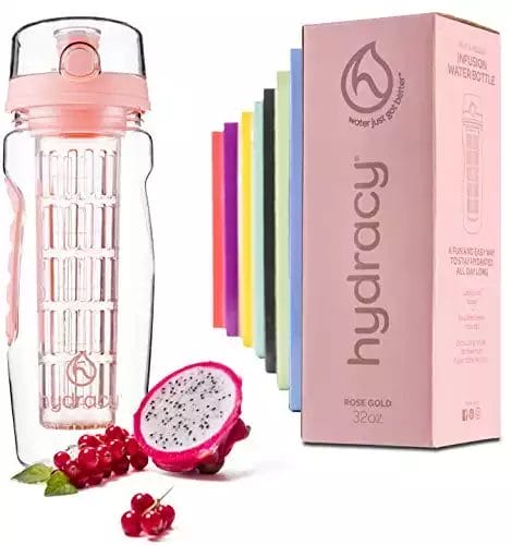 Hydracy Fruit Infuser Water Bottle - 32 oz Sports Bottle - Time Marker & Full Length Infusion Rod + 27 Fruit Infused Water Recipes eBook Gift - Rose Gold