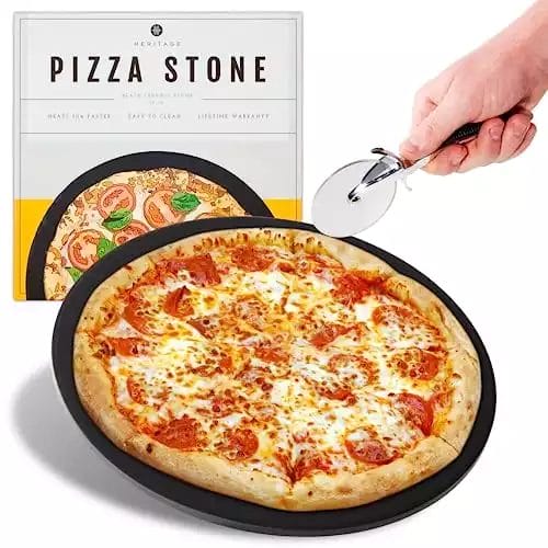 Heritage Pizza Stone, 15 inch Ceramic Baking Stones for Oven Use - Non-Stick, No Stain Pan & Cutter Set for Gas, BBQ & Grill - Kitchen Accessories & Housewarming Gifts w/Bonus Pizza Wheel ...
