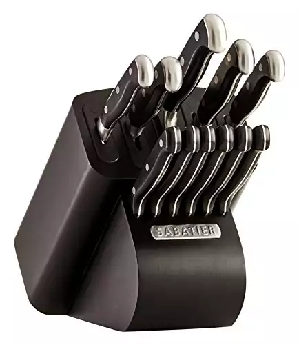 Sabatier Self-Sharpening 12-piece Forged Triple Rivet Knife Block Set with Edgekeeper Technology, High-Carbon Stainless Steel Kitchen Knives, Razor-Sharp Knife Set with Wood Block, Black